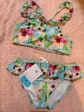 Snapper Rock Aqua Floral Ruffle Bikini - Pink & Green Accents